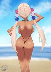 Rule 34 | 1girl, ass, backboob, bare back, bare shoulders, beach, beads, bikini, black bikini, blue sky, blurry, blurry background, breasts, cloud, cowboy shot, dark-skinned female, dark skin, day, from behind, hair beads, hair ornament, highres, holocouncil, hololive, hololive english, large breasts, long hair, nelson94613, ocean, outdoors, pink hair, sand, sky, slingshot swimsuit, solo, standing, swimsuit, tsukumo sana, twintails, virtual youtuber, water