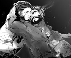 Rule 34 | 2boys, arm hair, bara, beard, chest hair, cigar, collared shirt, couple, cowboy hat, eye contact, facial hair, graves (league of legends), greyscale, hair slicked back, hand on another&#039;s head, hat, heads together, imminent kiss, karipaku, large pectorals, league of legends, long hair, looking at another, male focus, mature male, monochrome, multiple boys, muscular, muscular male, mustache, partially unbuttoned, pectoral cleavage, pectorals, shirt, short hair, smile, smoking, thick eyebrows, twisted fate, upper body, yaoi