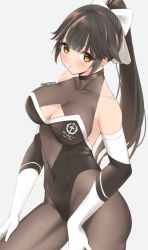 Rule 34 | 1girl, anchor symbol, azur lane, black hair, black leotard, black pantyhose, blush, bow, breasts, brown eyes, cleavage, cleavage cutout, closed mouth, clothing cutout, commentary, copyright name, covered navel, cowboy shot, elbow gloves, gloves, grey background, hair bow, hair flaps, halterneck, hands on own thighs, head tilt, large breasts, leotard, light frown, long hair, looking at viewer, pantyhose, ponytail, see-through, simple background, skeptycally, solo, standing, takao (azur lane), takao (full throttle charmer) (azur lane), thighs, twitter username, very long hair, white bow, white gloves