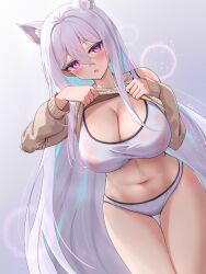Rule 34 | 1girl, :o, absurdres, animal ear fluff, animal ears, azur lane, bikini, blue hair, blush, breasts, brown sweater, cleavage, clothes lift, commentary request, covered erect nipples, eyepatch bikini, gradient background, hair between eyes, highres, kearsarge (azur lane), large breasts, long hair, long sleeves, looking at viewer, multicolored hair, navel, nipples, open mouth, panties, purple eyes, qian hen, see-through bra, sidelocks, solo, sports bra, standing, sweater, sweater lift, swimsuit, thigh gap, two-tone hair, underwear, variant set, very long hair, white bikini, white hair, white panties, white sports bra