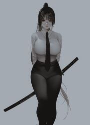 Rule 34 | 1girl, aoi ogata, artist name, black-framed eyewear, black hair, black necktie, black pants, breasts, clip studio paint (medium), collared shirt, commentary, english commentary, glasses, grey background, groin, highres, katana, large breasts, long hair, looking at viewer, necktie, original, pants, round eyewear, sheath, sheathed, shirt, simple background, solo, standing, sword, very long hair, weapon, white shirt
