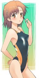 Rule 34 | 1girl, adjusting hair, asymmetrical bangs, black one-piece swimsuit, blush, bob cut, brown eyes, brown hair, collarbone, commentary, competition swimsuit, covered erect nipples, flower, gradient background, green background, hair flower, hair ornament, hairclip, hand on own hip, highleg, highleg swimsuit, highres, kikumaru bunta, looking at viewer, looking to the side, misaka mikoto, one-piece swimsuit, outside border, parted lips, short hair, solo, swimsuit, toaru kagaku no railgun, toaru majutsu no index, white flower, yellow one-piece swimsuit