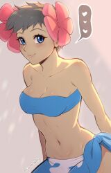 Rule 34 | 1girl, bandeau, blue eyes, breasts, cleavage, commentary, creatures (company), dark skin, evomanaphy, flower, game freak, grey hair, hair flower, hair ornament, highres, looking at viewer, midriff, navel, nintendo, phoebe (pokemon), pink flower, pokemon, pokemon oras, sarong, short hair, small breasts, smile, solo, stomach, strapless, tube top, upper body