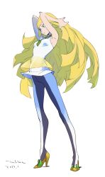 Rule 34 | 1girl, armpits, bare arms, blonde hair, breasts, closed mouth, commentary request, creatures (company), dated, full body, game freak, gem, green eyes, green gemstone, hands up, high heels, highres, long hair, looking down, lusamine (pokemon), medium breasts, nintendo, pants, pokemon, pokemon sm, shirt, signature, simple background, sleeveless, sleeveless shirt, solo, standing, tombiiwa, white background, white shirt