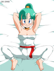 Rule 34 | 1girl, alternate hairstyle, amedama akihito, blue eyes, blush, breasts, bulma, dragon ball, female focus, full body, green hair, looking at viewer, old school academy, smile, solo, spread legs, white background