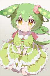 Rule 34 | 1girl, :&lt;, blush, closed mouth, commentary request, dress, frilled dress, frills, green dress, green hair, hair between eyes, hair ornament, highres, ponytail, puffy short sleeves, puffy sleeves, ribbon, seiza, short sleeves, sitting, solo, utsubo (utb), voicevox, yellow eyes, zundamon