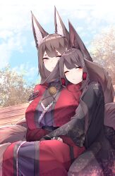 Rule 34 | 2girls, ;), absurdres, akagi (azur lane), amagi (azur lane), animal ears, arm under breasts, azur lane, black kimono, blush, breasts, brown hair, commentary request, cuddling, eyeshadow, flower, fox ears, fox girl, fox tail, hair between eyes, hair flower, hair ornament, hairclip, half-closed eyes, head on another&#039;s shoulder, highres, hug, hug from behind, japanese clothes, kimono, kitsune, large breasts, long hair, long sleeves, makeup, multiple girls, multiple tails, one eye closed, outdoors, purple eyes, red eyes, red eyeshadow, red kimono, sakura empire (emblem), samip, sitting, sitting on lap, sitting on person, slit pupils, smile, tail, very long hair, white flower