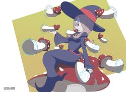 Rule 34 | 10s, 1girl, brown hair, female focus, hat, licking, little witch academia, long hair, mushroom, red hair, robe, sexually suggestive, sitting, solo, spicy bardo, sucy manbavaran, tongue, tongue out, witch hat