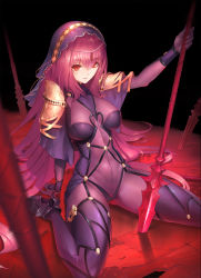 Rule 34 | 1girl, arm support, armor, duan henglong, fate/grand order, fate (series), gloves, high heels, highres, long hair, looking up, polearm, red eyes, scathach (fate), scathach (fate), see-through, shoulder armor, sitting, skin tight, solo, pauldrons, spear, wariza, weapon