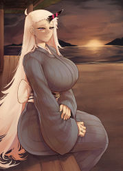 Rule 34 | 1girl, abyssal ship, alternate costume, breasts, cloud, dusk, grey kimono, highres, horns, huge breasts, japanese clothes, jewelry, kantai collection, kimono, long hair, obi, pale skin, red eyes, ring, sash, seaport princess, single horn, sitting, sky, solo, sunset, uni (oni unicorn), very long hair, wedding band, white hair, wide sleeves