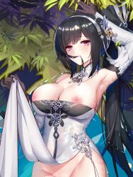 Rule 34 | 1girl, arm up, armpits, azur lane, black gloves, blush, breasts, breasts out, chen hai (azur lane), china dress, chinese clothes, chinese commentary, clothes lift, cowboy shot, dakimakura (medium), detached collar, detached sleeves, dress, from above, furrowed brow, gloves, groin, hair in own mouth, hair ornament, hairband, large breasts, lifted by self, lips, long hair, looking at viewer, lying, lying on water, misheng liu yin, nipples, no panties, on back, out-of-frame censoring, parted lips, partially submerged, pelvic curtain, pelvic curtain lift, pink eyes, plant, solo, straight hair, strapless, strapless dress, water, wet, wet clothes, white dress, white hairband