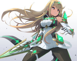 Rule 34 | 1girl, absurdres, blonde hair, breasts, chest jewel, dress, earrings, elbow gloves, fukkatsu saisei kaijin, gloves, highres, holding, holding sword, holding weapon, jewelry, long hair, medium breasts, mythra (massive melee) (xenoblade), mythra (xenoblade), pantyhose, smile, solo, star (symbol), star earrings, sword, thighlet, tiara, v-shaped eyebrows, weapon, white background, white dress, white gloves, xenoblade chronicles (series), xenoblade chronicles 2