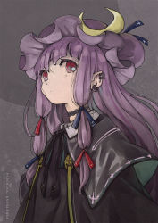 Rule 34 | 1girl, character name, crescent, crescent hair ornament, crescent hat ornament, earrings, expressionless, from below, grey background, hair ornament, hair ribbon, hat, hat ornament, jewelry, long hair, looking to the side, mob cap, neck ribbon, patchouli knowledge, purple hair, red eyes, red ribbon, ribbon, satyuas, sidelocks, simple background, solo, touhou, upper body