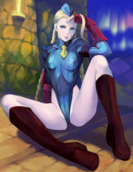 Rule 34 | 1990s (style), 1girl, blonde hair, blue eyes, blue leotard, boots, braid, breasts, cammy white, capcom, elbow gloves, covered erect nipples, fingerless gloves, gloves, hat, itori (clarice note), leotard, necktie, scar, sitting, skin tight, small breasts, solo, street fighter, street fighter zero (series), twin braids