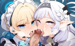 Rule 34 | 1boy, 2girls, black hairband, blonde hair, blue archive, blue eyes, blue halo, censored, commentary request, commission, cum, cum in mouth, facial, fellatio, ffm threesome, flower, group sex, hair flower, hair ornament, hairband, halo, headset, hetero, highres, himari (blue archive), looking at viewer, mole, mole under eye, mosaic censoring, multiple girls, open mouth, oral, penis, pointy ears, short hair, skeb commission, takato kurosuke, threesome, toki (blue archive), upper body, white flower, white halo