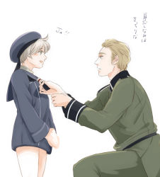 Rule 34 | 10s, 1boy, 1girl, axis powers hetalia, blonde hair, crossover, dress, germany (hetalia), green eyes, hat, kantai collection, long sleeves, military, military uniform, open mouth, personification, ryth (poplion), sailor dress, sailor hat, short hair, silver hair, translation request, uniform, z1 leberecht maass (kancolle)