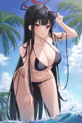 Rule 34 | 1girl, absurdres, adjusting eyewear, bikini, black bikini, black hair, blue archive, blue sky, blunt bangs, blush, breasts, bright pupils, cleavage, cloud, collarbone, commentary, day, eyewear on head, halo, hand on own thigh, highres, kuro (rudyan0128), large breasts, leaning forward, long hair, looking at viewer, navel, o-ring, o-ring bikini, ocean, outdoors, palm tree, parted lips, red eyes, rio (blue archive), sky, solo, stomach, sunglasses, swimsuit, tree, wading, white pupils