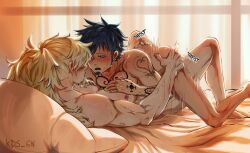 Rule 34 | 2boys, anal, arm tattoo, ass, ass grab, bed, blonde hair, blush, chest tattoo, earrings, facial hair, goatee, hand tattoo, highres, jewelry, killer (one piece), long hair, looking at another, lying on person, male focus, male penetrated, motion lines, multiple boys, muscular, muscular male, nipples, nude, one piece, open mouth, pillow, sex, short hair, shoulder tattoo, sideburns, size difference, sweat, tattoo, tipe (mementomoli), trafalgar law, trembling, yaoi