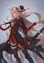 Rule 34 | 1girl, absurdres, black thighhighs, breasts, cleavage, dress, fate/grand order, fate (series), floating hair, from side, grey background, hair ornament, highres, holding, holding sheath, holding sword, holding weapon, long hair, looking at viewer, medium breasts, okita souji (fate), okita souji alter (fate), outstretched arm, sheath, short dress, silver hair, solo, standing, sword, thigh strap, thighhighs, very long hair, weapon, yasu (segawahiroyasu), yellow eyes