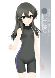 Rule 34 | 1girl, artist name, black hair, black one-piece swimsuit, black wetsuit, blush, bodysuit, character name, cowboy shot, diving suit, flat chest, hair between eyes, highres, inaba shiki, kantai collection, long hair, looking at viewer, one-hour drawing challenge, one-piece swimsuit, oyashio (kancolle), simple background, smile, solo, standing, striped clothes, striped one-piece swimsuit, swimsuit, vertical-striped clothes, vertical-striped one-piece swimsuit, wetsuit, white background, yellow eyes