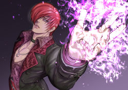 Rule 34 | 1boy, aoki masahiko, choker, coat, crescent, crescent necklace, fire, hair over one eye, jacket, jewelry, looking at viewer, male focus, necklace, pants, pectoral cleavage, pectorals, purple fire, pyrokinesis, red eyes, red hair, short hair, simple background, snk, solo, the king of fighters, the king of fighters xv, yagami iori