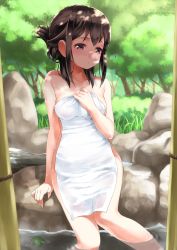 Rule 34 | 10s, 1girl, akemi homura, arm support, black hair, blush, collarbone, covering privates, dappled sunlight, folded ponytail, highres, long hair, mahou shoujo madoka magica, mahou shoujo madoka magica (anime), naked towel, nude cover, onsen, partially submerged, purple eyes, rin2008, rock, shade, sitting, soaking feet, solo, sunlight, towel, tree, tree shade, water