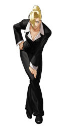 Rule 34 | 1girl, blonde hair, breasts, cleavage, eyepatch, formal, hair over one eye, king of fighters xiii, leaning forward, mature (kof), medium breasts, official art, ogura eisuke, pant suit, pants, snk, solo, suit, the king of fighters, the king of fighters xiii