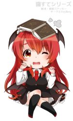 Rule 34 | 1girl, ;d, bad id, bad pixiv id, bat wings, berry jou, blush, book, book on head, breasts, chibi, head wings, koakuma, large breasts, long hair, looking at viewer, object on head, one eye closed, open mouth, red eyes, red hair, simple background, smile, solo, tears, touhou, white background, wince, wings
