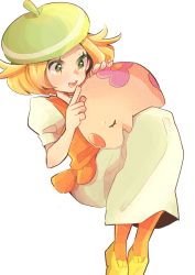 Rule 34 | 1girl, :d, beret, bianca (pokemon), blonde hair, commentary request, creatures (company), dress, eyelashes, flats, game freak, gen 5 pokemon, green eyes, green headwear, hands up, hat, highres, holding, holding pokemon, misha (ohds101), munna, nintendo, open mouth, orange pantyhose, orange vest, pantyhose, pokemon, pokemon (creature), pokemon bw, short hair, short sleeves, smile, teeth, tongue, upper teeth only, vest, white dress, yellow footwear