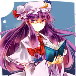 Rule 34 | 1girl, ascot, bespectacled, book, capelet, coat, crescent, dress, glasses, hair ribbon, kutsuki kai, long hair, long sleeves, looking at viewer, open book, open clothes, open coat, patchouli knowledge, purple eyes, purple hair, reading, red-framed eyewear, ribbon, solo, striped clothes, striped dress, touhou, tress ribbon, very long hair, wide sleeves