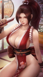 Rule 34 | 1girl, breasts, brown hair, fatal fury, highres, large breasts, ponytail, shiranui mai, solo