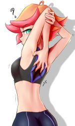 Rule 34 | 1girl, ?, absurdres, ahoge, amanda o&#039;neill, armpits, arms up, ass, bad id, bad pixiv id, bike shorts, breasts, crop top, female focus, from behind, green eyes, half-closed eyes, highres, little witch academia, looking at viewer, looking back, midriff, multicolored hair, orange hair, pink hair, pudgeruffian, short hair, simple background, sleeveless, small breasts, solo, sports bra, standing, two-tone hair, white background