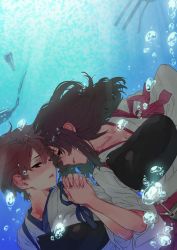 Rule 34 | 10s, 2girls, akagi (kancolle), asphyxiation, bad id, bad pixiv id, blush, brown eyes, brown hair, bubble, drowning, japanese clothes, kaga (kancolle), kantai collection, kishi kaisei, lips, long hair, multiple girls, muneate, ocean, open mouth, personification, short hair, side ponytail, underwater, water