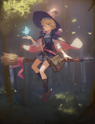 Rule 34 | 10s, 1girl, bag, blue eyes, broom, cloak, doren, fairy, forest, glasses, hairband, hat, highres, little witch academia, loafers, lotte jansson, nature, orange hair, satchel, school uniform, shoes, short hair, sidesaddle, skirt, socks, solo, witch, witch hat