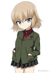 Rule 34 | 10s, 1girl, black skirt, blonde hair, blue eyes, closed mouth, commentary, cowboy shot, emblem, frown, girls und panzer, green jacket, hands in pockets, jacket, katyusha (girls und panzer), long sleeves, looking at viewer, miniskirt, one-hour drawing challenge, pleated skirt, pravda school uniform, red shirt, school uniform, shibagami, shirt, short hair, simple background, skirt, solo, standing, turtleneck, twitter username, v-shaped eyebrows, white background