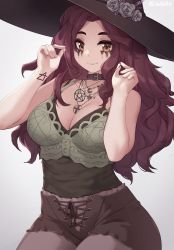 Rule 34 | 1girl, bare arms, bare shoulders, belt collar, black hat, breasts, brown eyes, brown hair, cleavage, collar, commentary, english commentary, flower, grey background, hat, hat flower, highres, iwbitu, jewelry, large breasts, long hair, looking at viewer, makeup, mascara, necklace, original, pentacle, runny makeup, simple background, sleeveless, smile, solo, tattoo, twitter username