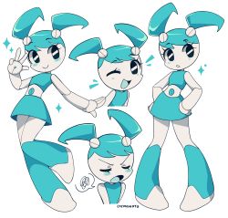Rule 34 | 1girl, :o, ;d, black eyes, blue hair, blush, blush stickers, cremanata, closed eyes, highres, jenny wakeman, joints, multiple views, my life as a teenage robot, one eye closed, open mouth, robot, robot joints, smile, twintails