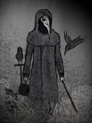 Rule 34 | 1boy, artist request, bad id, bad pixiv id, bird, gradient background, highres, hood, male focus, monochrome, plague doctor, scp-049, scp foundation, solo