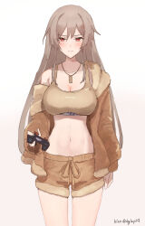 Rule 34 | 1girl, absurdres, breasts, brown hair, brown jacket, brown shorts, brown sports bra, cleavage, controller, cowboy shot, dog tags, fur jacket, furen e lustario, furen e lustario (5th costume), game controller, highres, hlsn dglaq3g, holding, holding controller, holding game controller, jacket, large breasts, long hair, looking at viewer, navel, nijisanji, open clothes, open jacket, red eyes, shorts, simple background, single bare shoulder, smile, solo, sports bra, stomach, twitter username, very long hair, virtual youtuber, white background