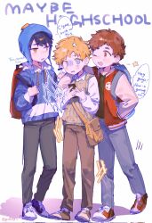 Rule 34 | 3boys, animification, blonde hair, child, chullo, clyde donovan, commentary, corrupted twitter file, craig tucker, english text, full body, hands in pockets, highres, hood, jacket, male focus, messy hair, middle finger, multiple boys, phone, pullus, red hair, shoes, short hair, simple background, sneakers, south park, speech bubble, standing, tweek tweak, white background
