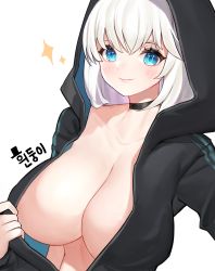 Rule 34 | + +, 1girl, absurdres, annyeongbangawo, black choker, black hoodie, blue eyes, blush, breasts, choker, cleavage, closed mouth, collarbone, eyelashes, hand up, highres, hood, hooded jacket, hoodie, hoodie pull, jacket, korean text, large breasts, long hair, looking at viewer, naked hoodie, no bra, open clothes, open hoodie, original, pulling own clothes, reaching, reaching towards viewer, selfie, simple background, smile, solo, sparkle, standing, translation request, upper body, white background, white hair