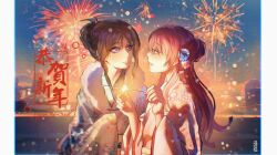 Rule 34 | 2girls, aerial fireworks, alternate hairstyle, bang dream!, bang dream! it&#039;s mygo!!!!!, blue eyes, blush, cang (akaga204), chihaya anon, chinese commentary, chinese text, chromatic aberration, closed mouth, commentary request, eye contact, fireworks, floral print, flower, fur collar, grey eyes, hair bun, hair flower, hair ornament, half updo, highres, holding, holding fireworks, japanese clothes, kimono, long hair, looking at another, multiple girls, nagasaki soyo, open mouth, pillarboxed, pink hair, sidelocks, single hair bun, smile, sparkler, teeth, translation request, upper teeth only, yukata, yuri