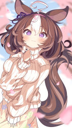 Rule 34 | 1girl, @ @, ahoge, animal ears, blue sky, blurry, blurry background, blush, brown hair, closed mouth, cloud, commentary request, daidai ookami, day, depth of field, floral print, hairband, hand up, highres, horse ears, horse girl, horse tail, long hair, long sleeves, meisho doto (umamusume), multicolored hair, outdoors, petals, pink hairband, print skirt, puffy long sleeves, puffy sleeves, purple eyes, ribbed sweater, skirt, sky, sleeves past wrists, smile, solo, sweater, tail, turtleneck, turtleneck sweater, two-tone hair, umamusume, white hair, white sweater, yellow skirt