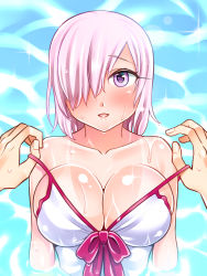 Rule 34 | 1girl, blush, breasts, cleavage, fate (series), hair over one eye, large breasts, looking at viewer, mash kyrielight, mash kyrielight (swimsuit of perpetual summer), official alternate costume, one-piece swimsuit, partially submerged, purple eyes, purple hair, short hair, solo, swimsuit, undressing, water, wet, wet clothes, wet hair, yakisobapan tarou &amp; negitoro-ko