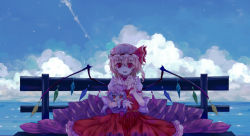 Rule 34 | 1girl, bench, blonde hair, character doll, cloud, day, dead line, doll, flandre scarlet, hat, highres, md5 mismatch, red eyes, remilia scarlet, side ponytail, sky, touhou, wings