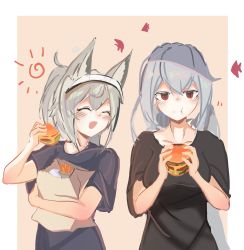 Rule 34 | 2girls, absurdres, alternate costume, animal ears, arknights, bag, black shirt, blouse, blue shirt, blush, breasts, burger, closed mouth, commentary request, food, french fries, grani (arknights), grey hair, hair between eyes, highres, holding, holding bag, holding food, horse ears, long hair, looking at another, multiple girls, namsek, open mouth, ponytail, red eyes, shirt, skadi (arknights), smile, upper body