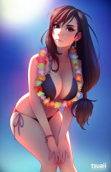 Rule 34 | 1990s (style), 1girl, artist name, bikini, blue background, blue skirt, bracelet, breasts, brown hair, cleavage, closed mouth, earrings, final fantasy, final fantasy vii, flower, flower necklace, gradient background, hair tubes, halterneck, jewelry, large breasts, leaning forward, lei, lips, long hair, looking at viewer, low-tied long hair, necklace, nose, o-ring, o-ring top, patreon username, pink lips, red eyes, retro artstyle, side-tie bikini bottom, simple background, skirt, solo, square enix, swimsuit, tifa lockhart, tsuaii, v arms, watermark, web address
