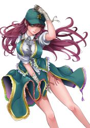 Rule 34 | 1girl, ;), absurdres, arm up, bandaged hand, bandages, bare legs, blood, blouse, braid, breasts, closed eyes, collared shirt, eyelashes, frilled vest, frills, green eyes, green hat, green skirt, green vest, hand on own head, hat, highres, hong meiling, large breasts, light smile, lips, looking at viewer, omigawa namari, one eye closed, open clothes, open vest, red hair, shirt, short sleeves, simple background, skirt, skirt tug, smile, solo, star (symbol), thighs, touhou, twin braids, vest, white background, white shirt, wing collar