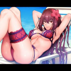 Rule 34 | 1girl, arms behind head, ass, beach, beach chair, bikini, blush, breasts, day, fate/grand order, fate (series), flower, hair flower, hair ornament, knees up, large breasts, letterboxed, long hair, looking at viewer, lying, purple bikini, purple hair, red eyes, scathach (fate), scathach (fate/grand order), scathach (swimsuit assassin) (fate), shoukaki (earthean), skindentation, smile, solo, swimsuit, thigh strap, underbust, water