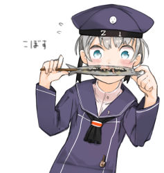 Rule 34 | 1girl, black neckwear, blue dress, blue hat, blue sailor collar, blush, character name, clothes writing, co botan, commentary request, covered mouth, double vertical stripe, dress, dutch angle, food, food request, grey hair, hands up, hat, head tilt, highres, holding, holding food, kantai collection, long sleeves, navy blue hat, neckwear request, sailor collar, sailor dress, sailor hat, short hair, simple background, slit pupils, solo, translation request, upper body, very short hair, w arms, white background, wide-eyed, z1 leberecht maass (kancolle)